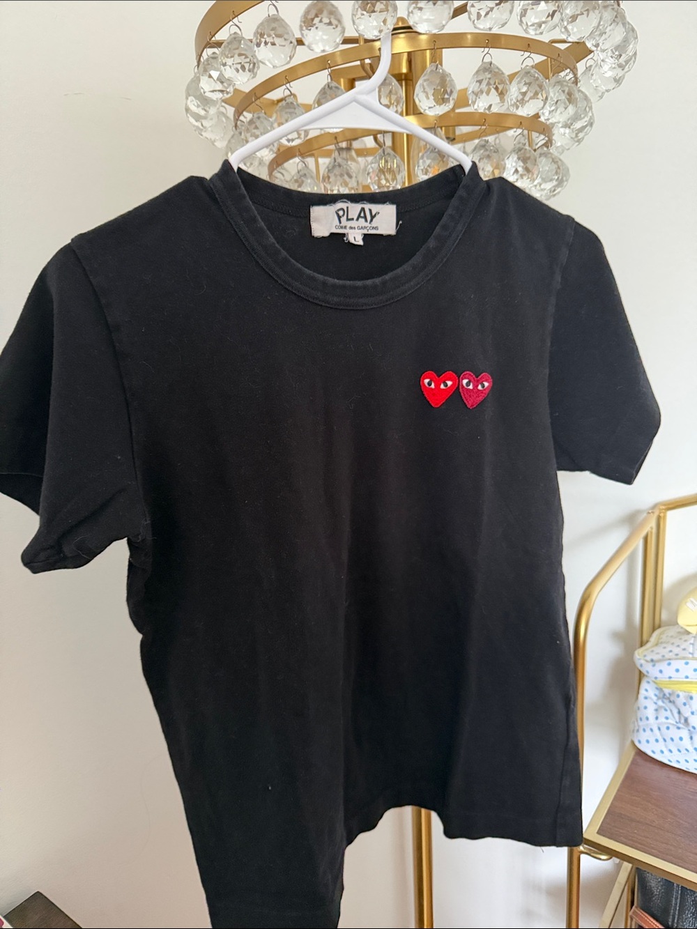 Comme des Garcons PLAY Black Tee with Double Red Heart Logos